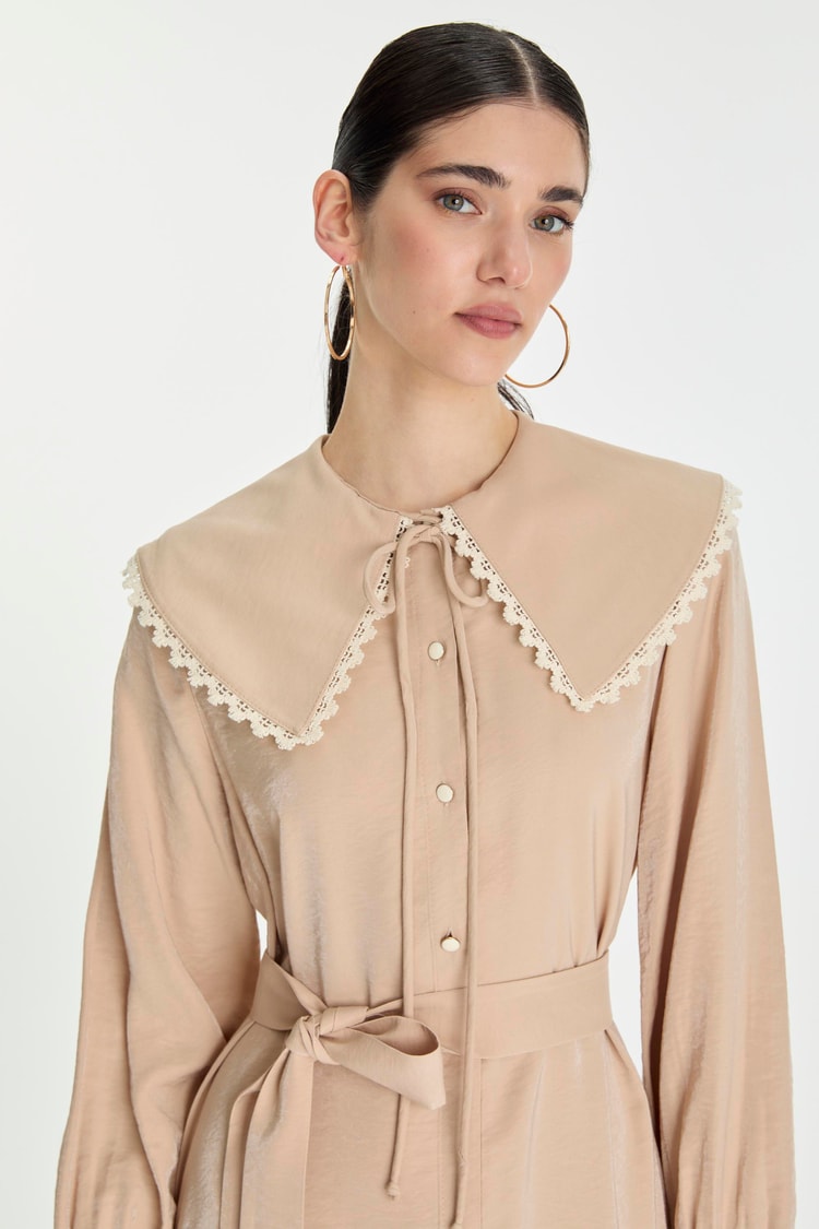 Bow Collar Lace Detail Dress E-0439