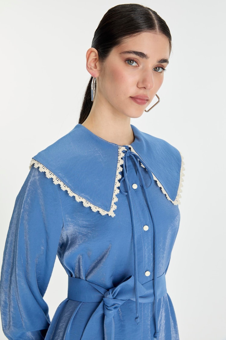 Bow Collar Lace Detail Dress E-0439