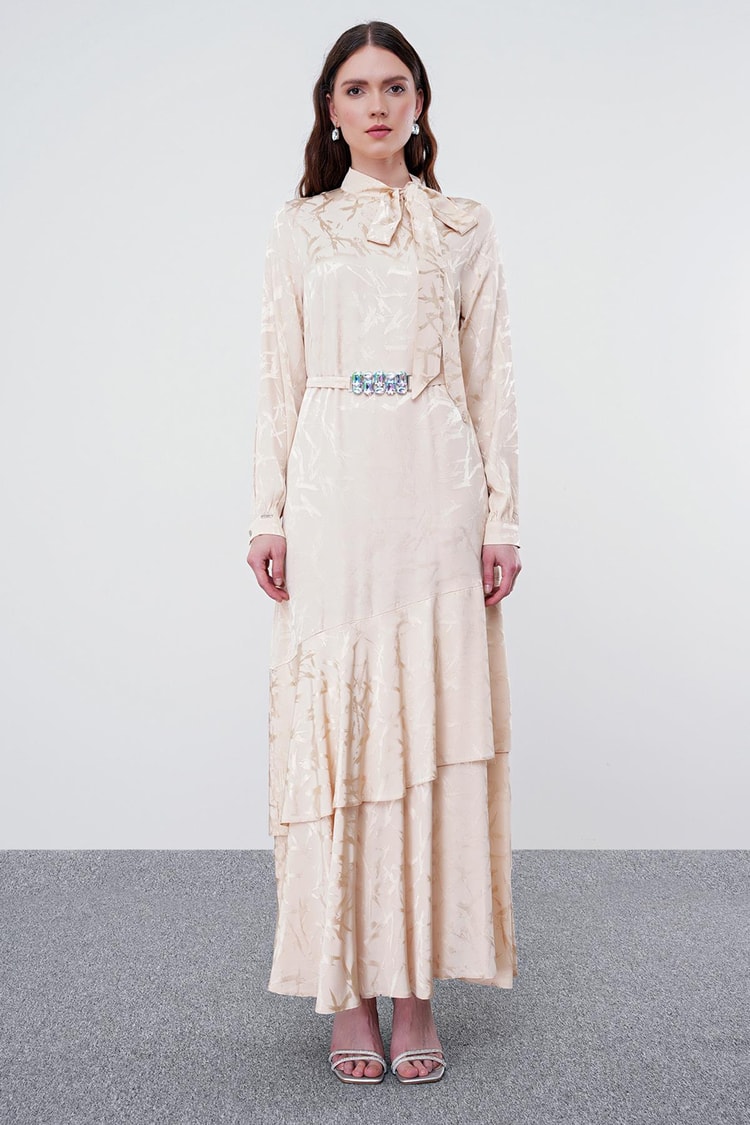 Bow Collar Patterned Long Dress E-0373
