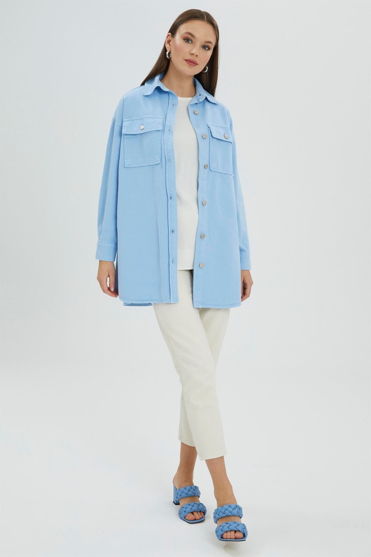 Denim Cep Detaylı Açık Mavi Uzun Gömlek G-0043