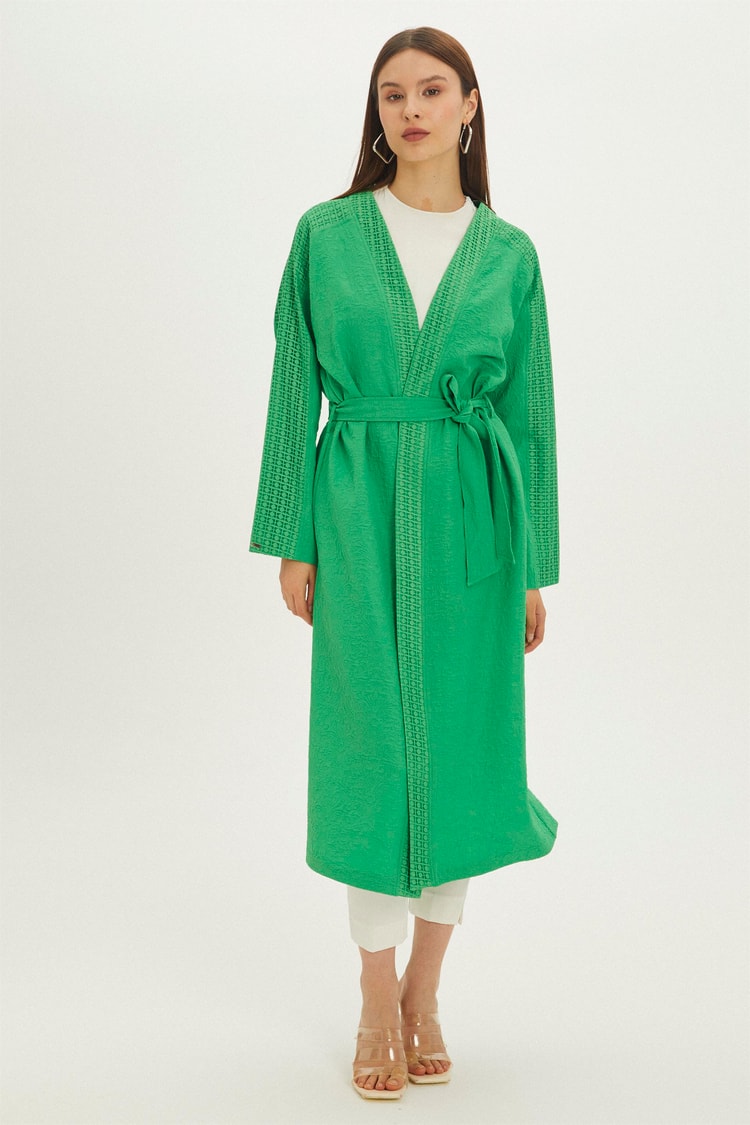 Beli Kuşaklı File Detaylı Benetton Yeşili Kimono GÇ-0116