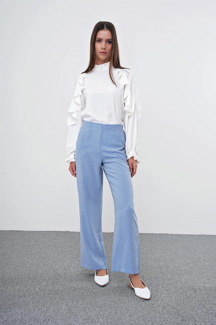 Geniş Paça Beli Lastik Detaylı Mavi Kumaş Pantolon  P-0102 Leona