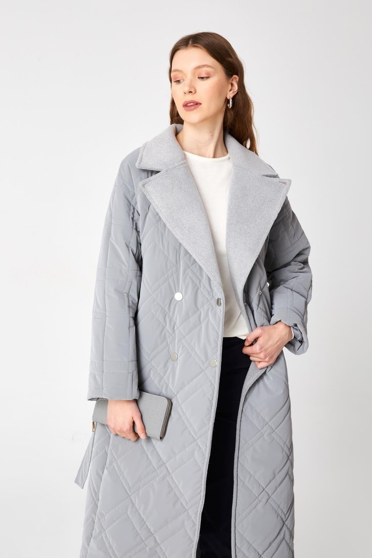 Geniş Yaka Uzun Gri Mont 13151