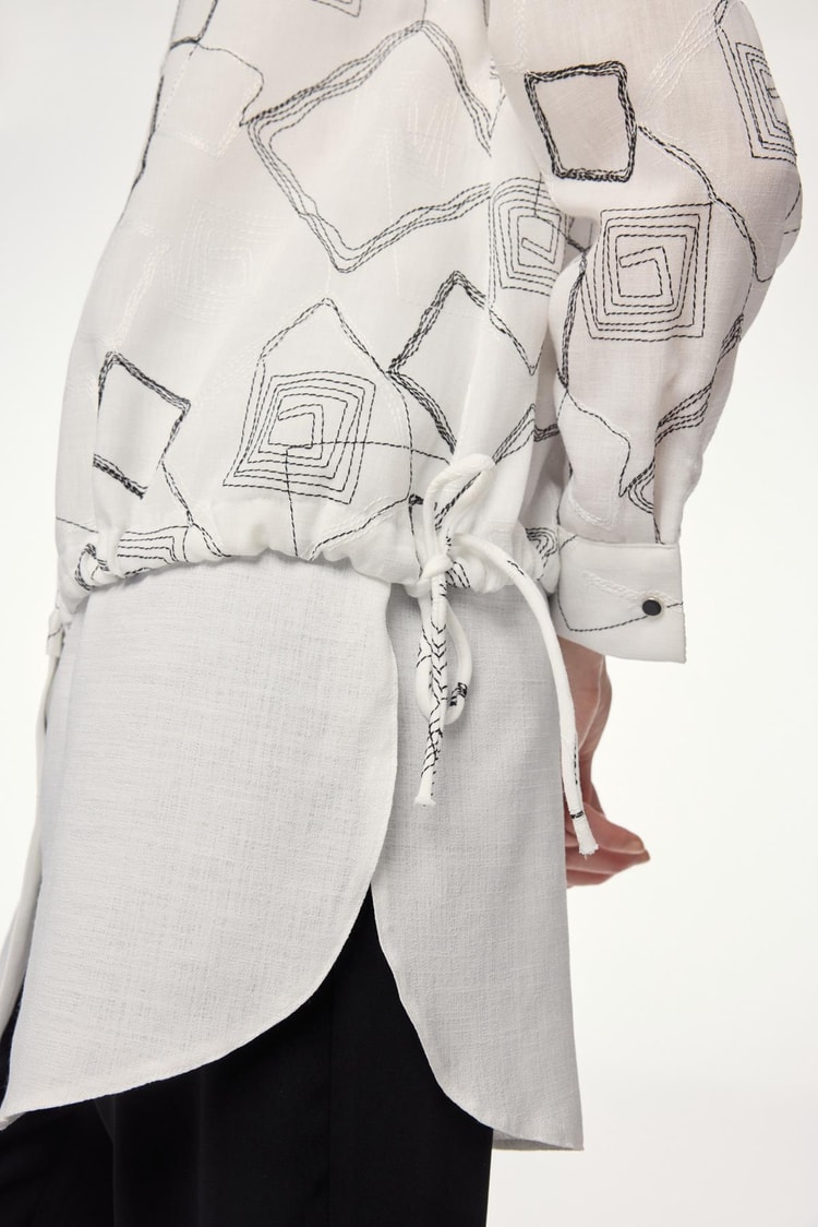 Geometric Patterned Accessory Detailed Ecru Tunic T-1574