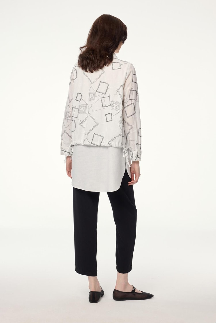 Geometric Patterned Accessory Detailed Ecru Tunic T-1574