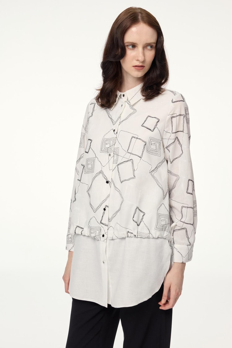 Geometric Patterned Accessory Detailed Ecru Tunic T-1574