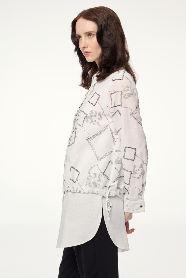 Geometric Patterned Accessory Detailed Ecru Tunic T-1574