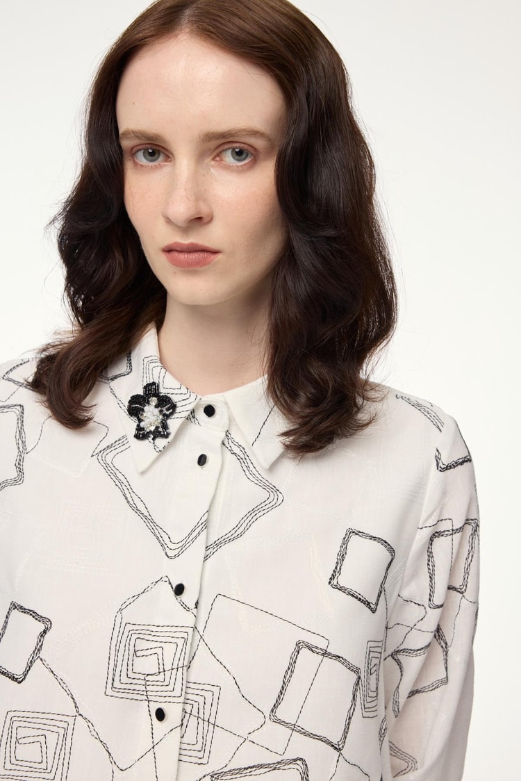 Geometric Patterned Accessory Detailed Ecru Tunic T-1574