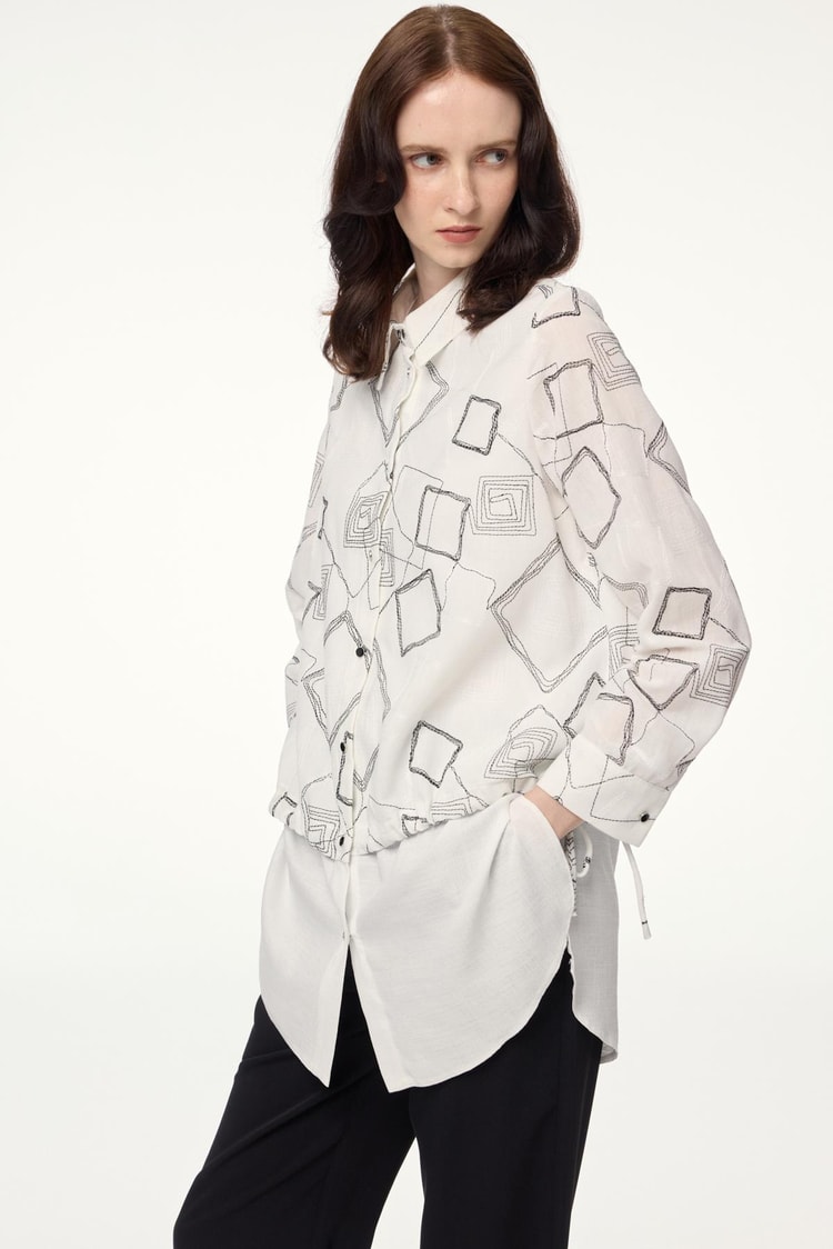 Geometric Patterned Accessory Detailed Ecru Tunic T-1574