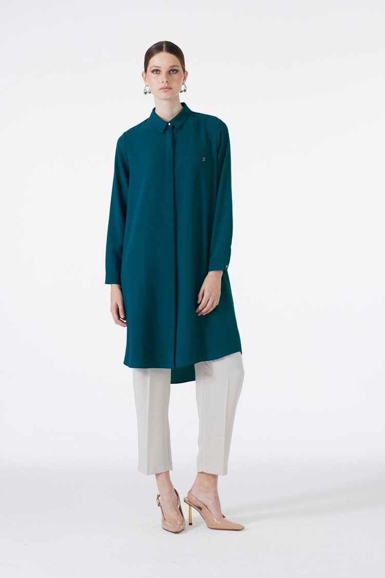Hidden Button Detail İndigo Tunic T-0767