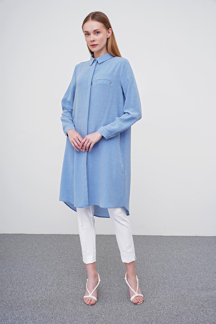 Gizli Düğme Detaylı Tunik Mavi T-0767 Leona