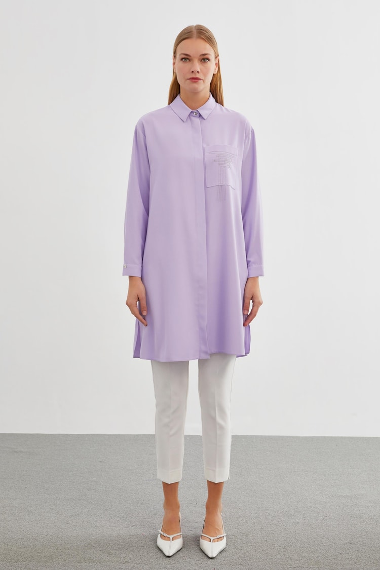 Gömlek Yaka Cep Detaylı Lila Tunik T-1327