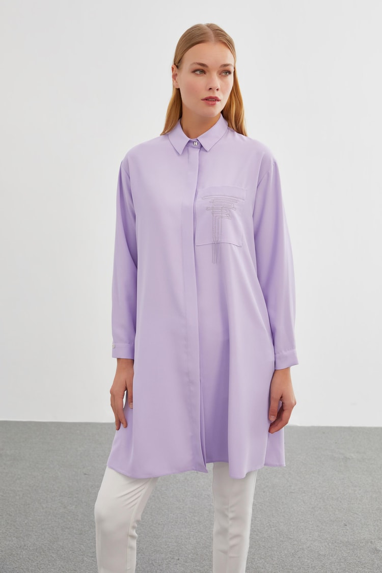 Gömlek Yaka Cep Detaylı Lila Tunik T-1327