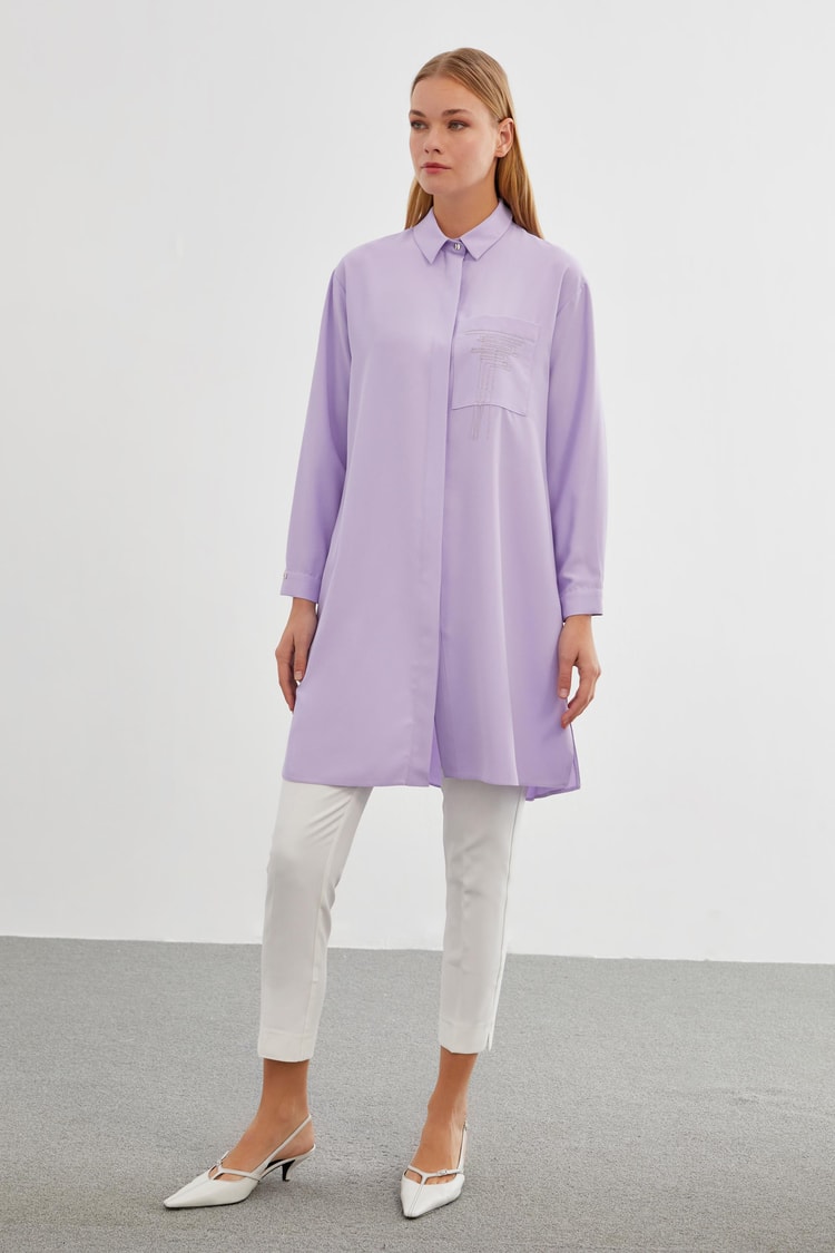 Gömlek Yaka Cep Detaylı Lila Tunik T-1327