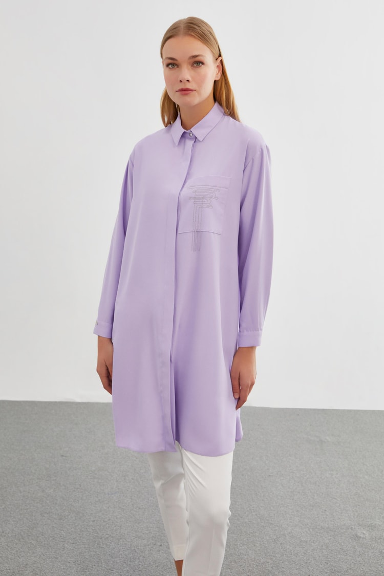 Gömlek Yaka Cep Detaylı Lila Tunik T-1327