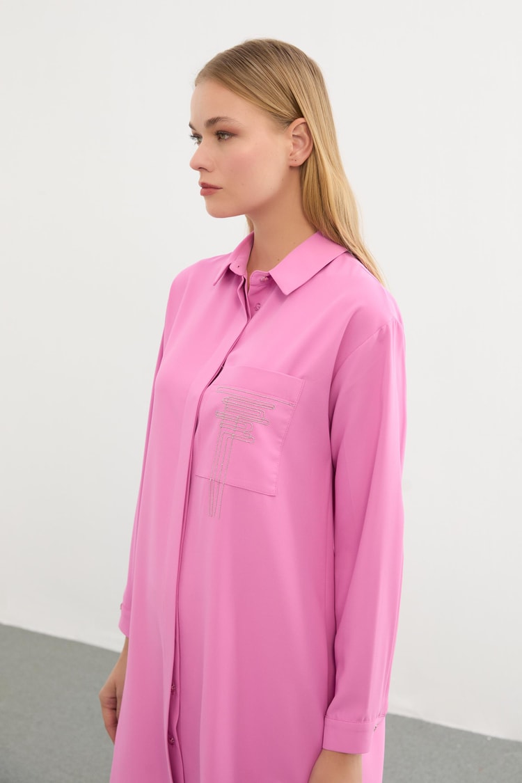 Gömlek Yaka Cep Detaylı Pembe Tunik T-1327