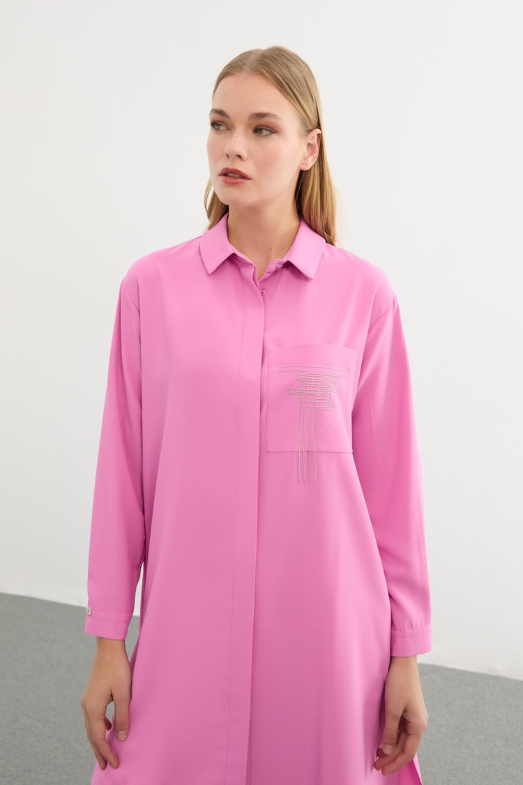 Gömlek Yaka Cep Detaylı Pembe Tunik T-1327