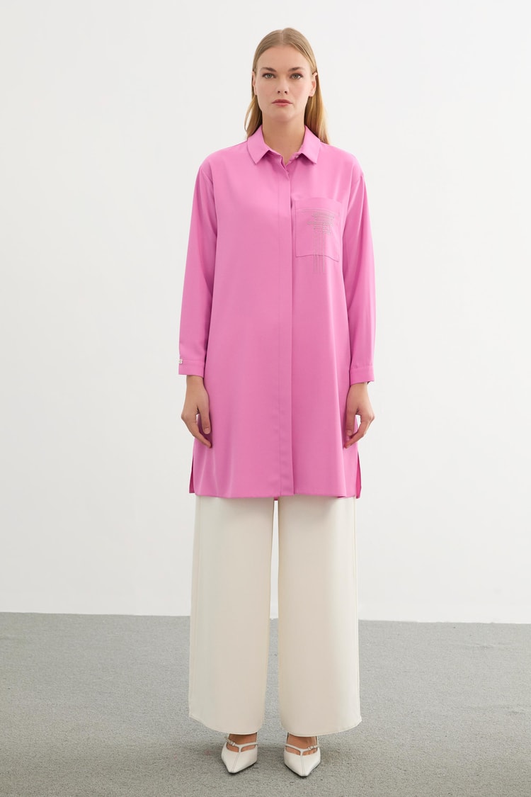 Gömlek Yaka Cep Detaylı Pembe Tunik T-1327