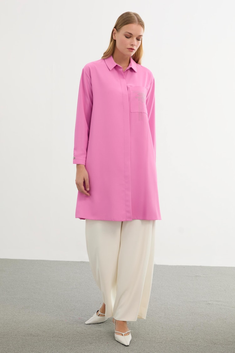 Gömlek Yaka Cep Detaylı Pembe Tunik T-1327