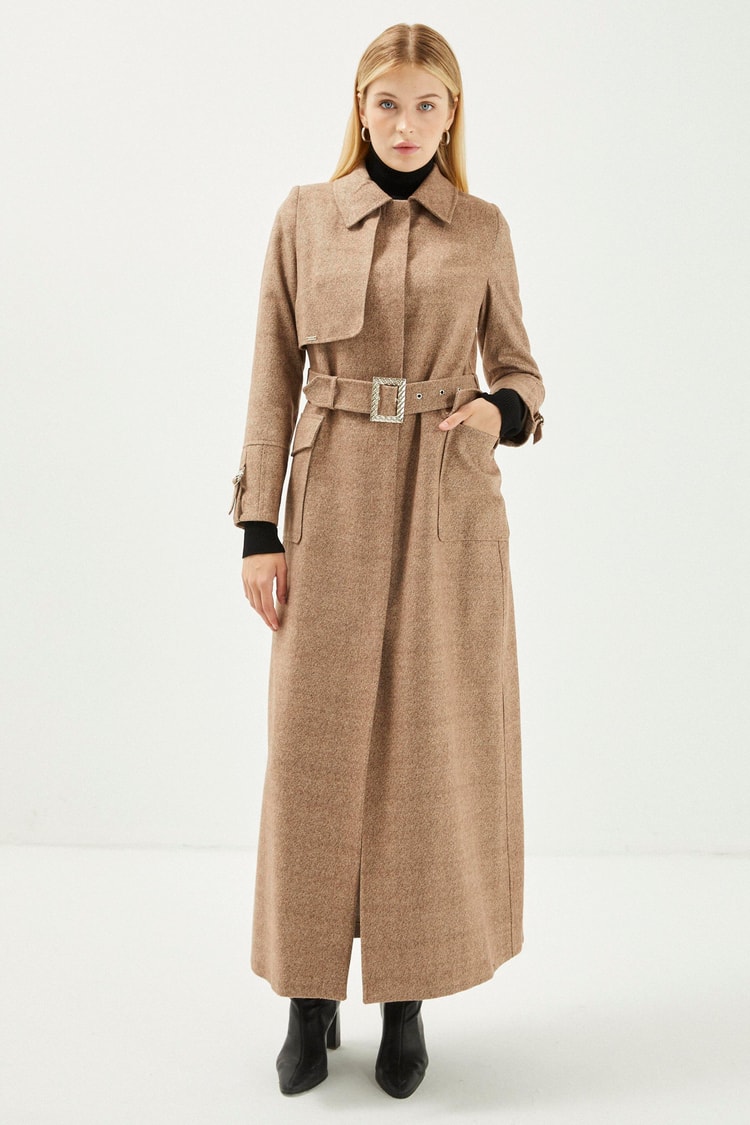 Shirt Collar Belt Detailed Mink-colored  Woolen Coat 13359