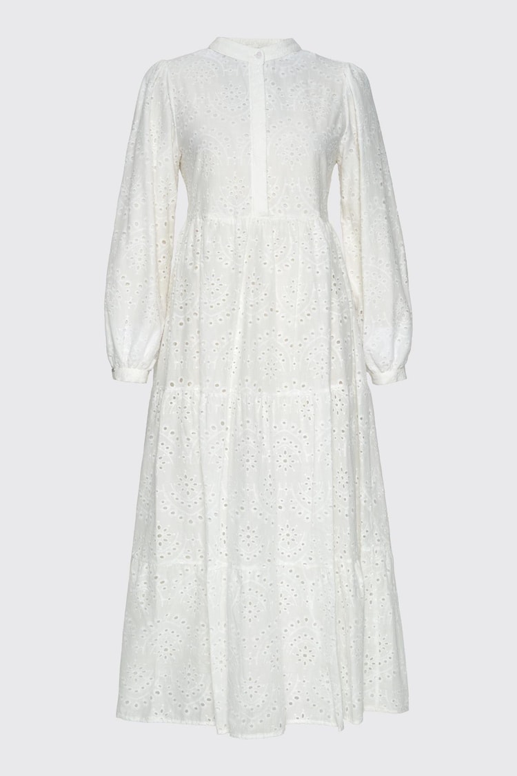 Judge Collar Patterned Long Ecru Dress E-0350