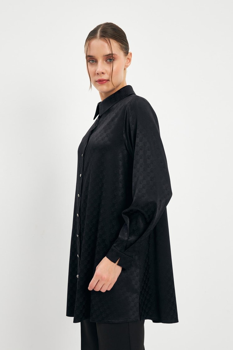 Jakarlı Düğmeli Siyah Tunik T-1515