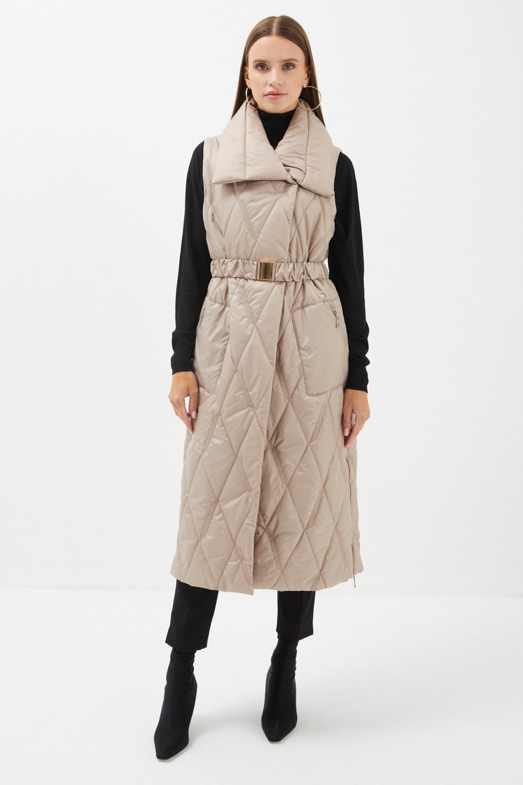 Quilted Beige Long Puffer Vest Y-0074