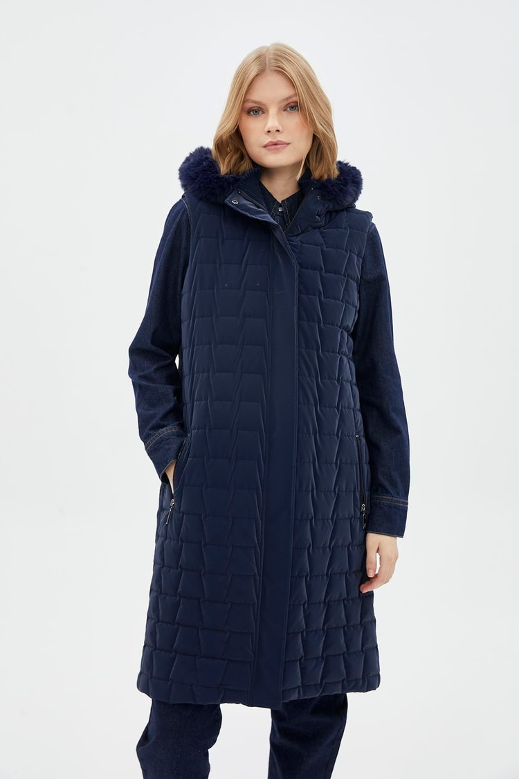 Kapitone Desenli Kapüşonlu Lacivert Yelek Y-0084