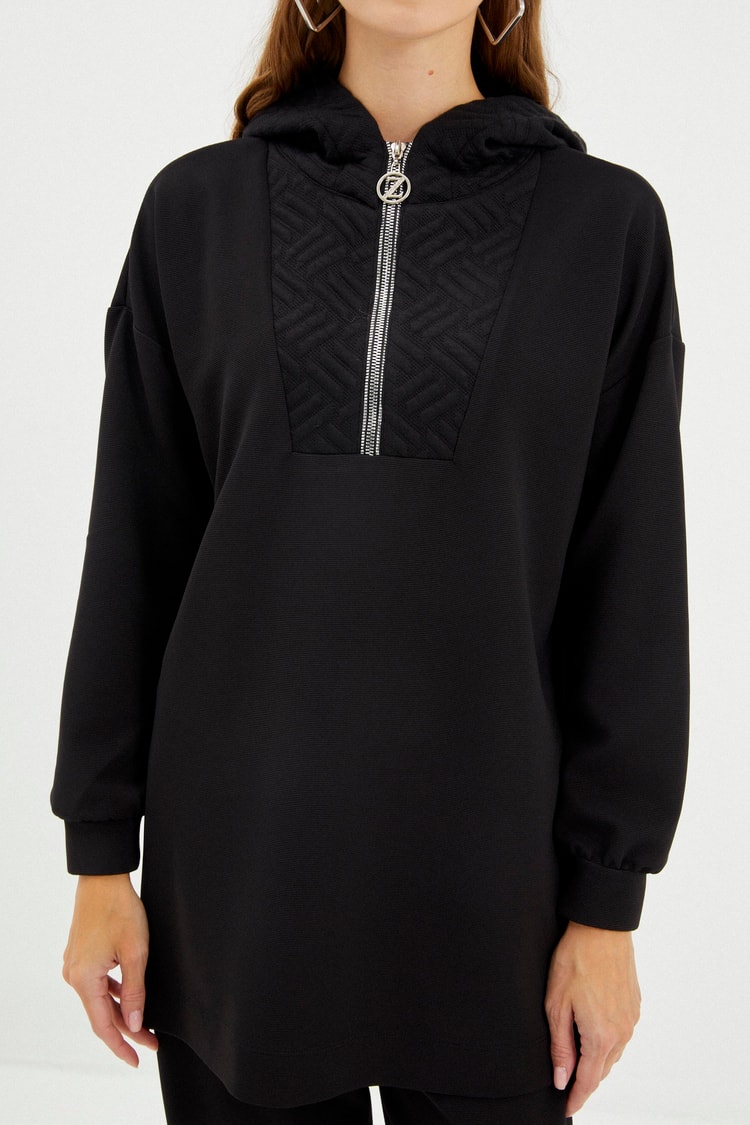 Kapüşonlu Desenli Spor Siyah Takım TK-1193