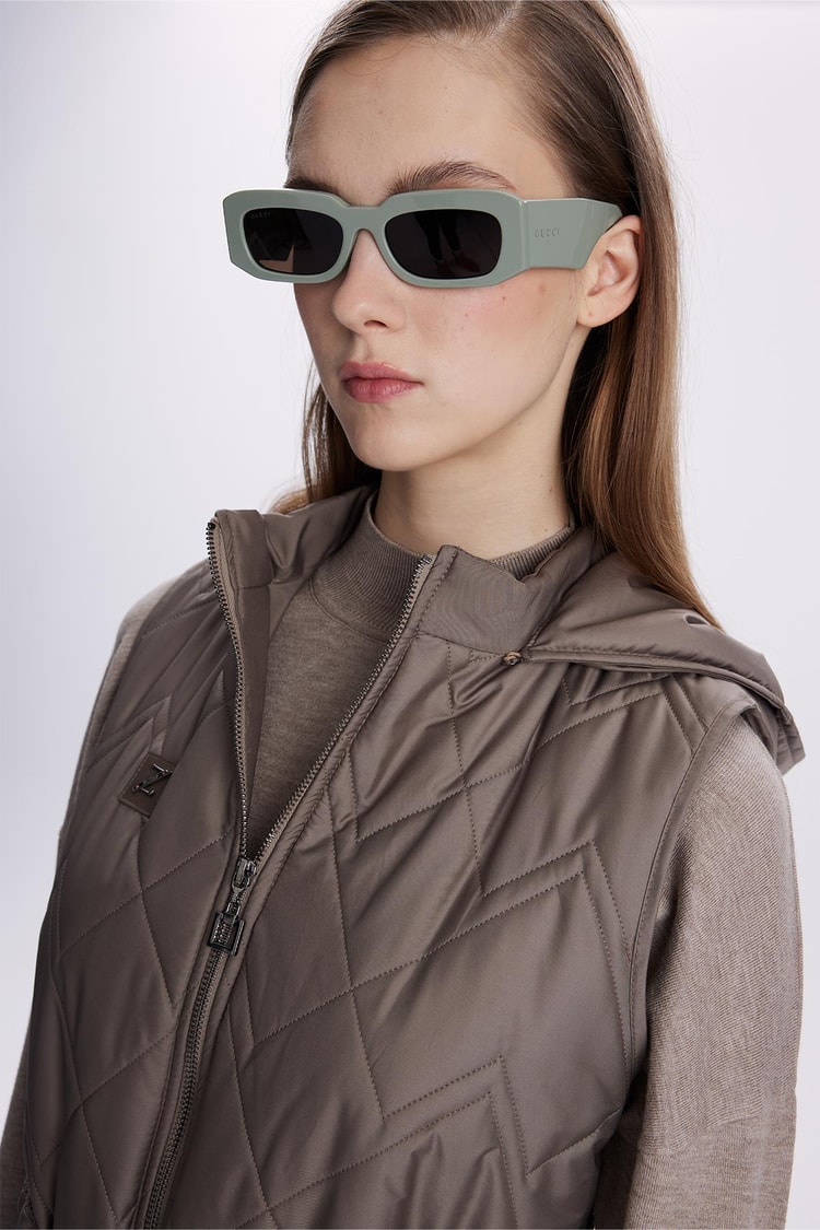 Hooded Long Quilted Puffer Vest Khaki Y-0060