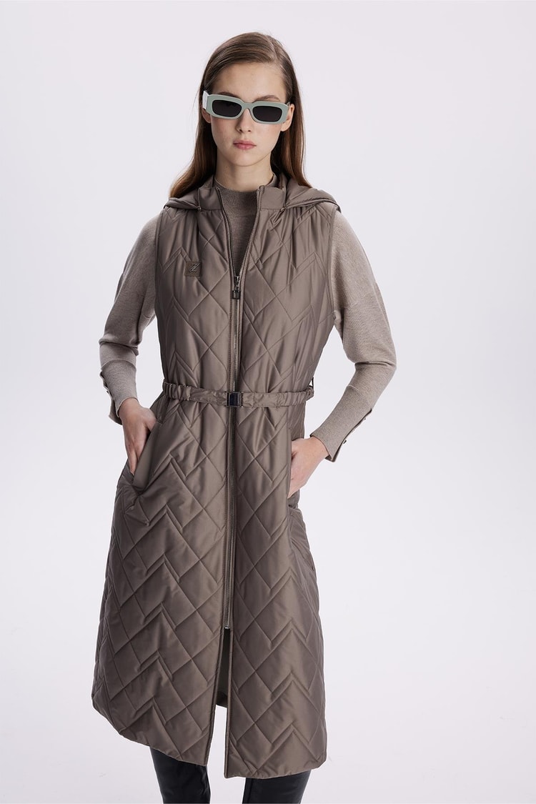 Hooded Long Quilted Puffer Vest Khaki Y-0060