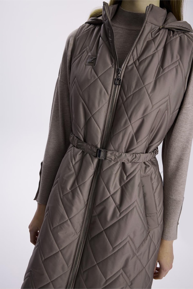 Hooded Long Quilted Puffer Vest Khaki Y-0060
