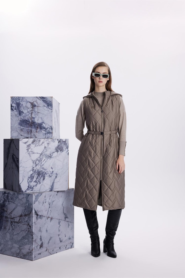 Hooded Long Quilted Puffer Vest Khaki Y-0060
