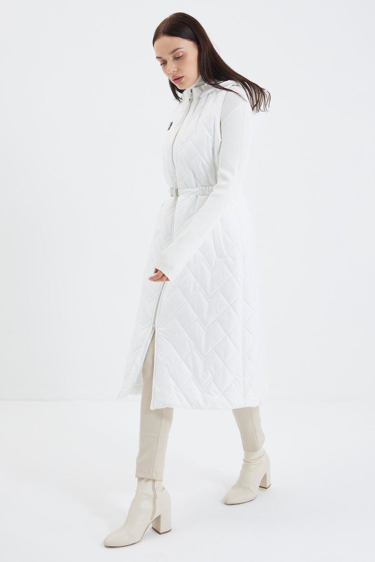 Hooded Long Quilted Puffer Vest White Y-0060