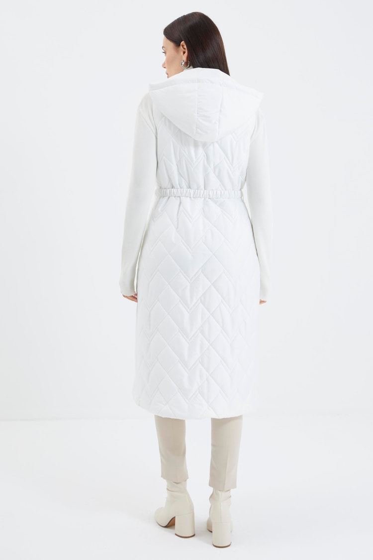 Hooded Long Quilted Puffer Vest White Y-0060