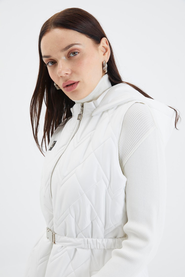 Hooded Long Quilted Puffer Vest White Y-0060