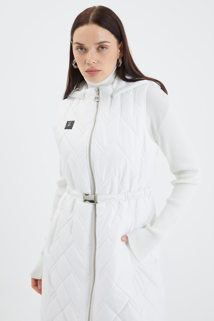 Hooded Long Quilted Puffer Vest White Y-0060
