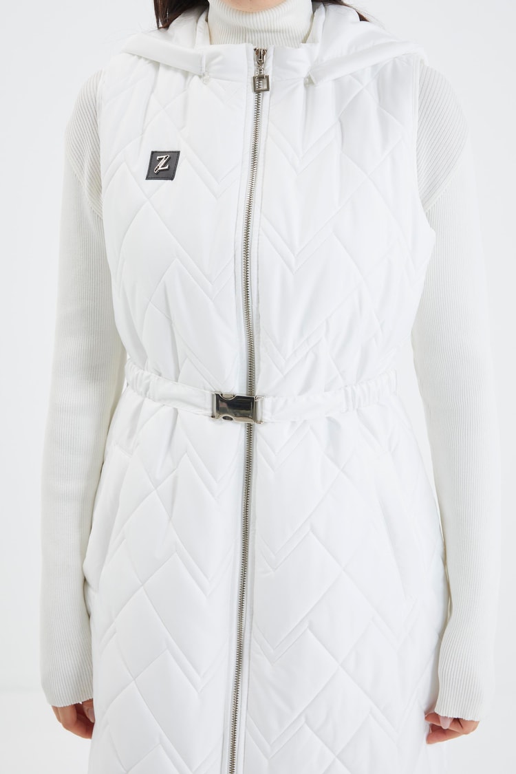 Hooded Long Quilted Puffer Vest White Y-0060