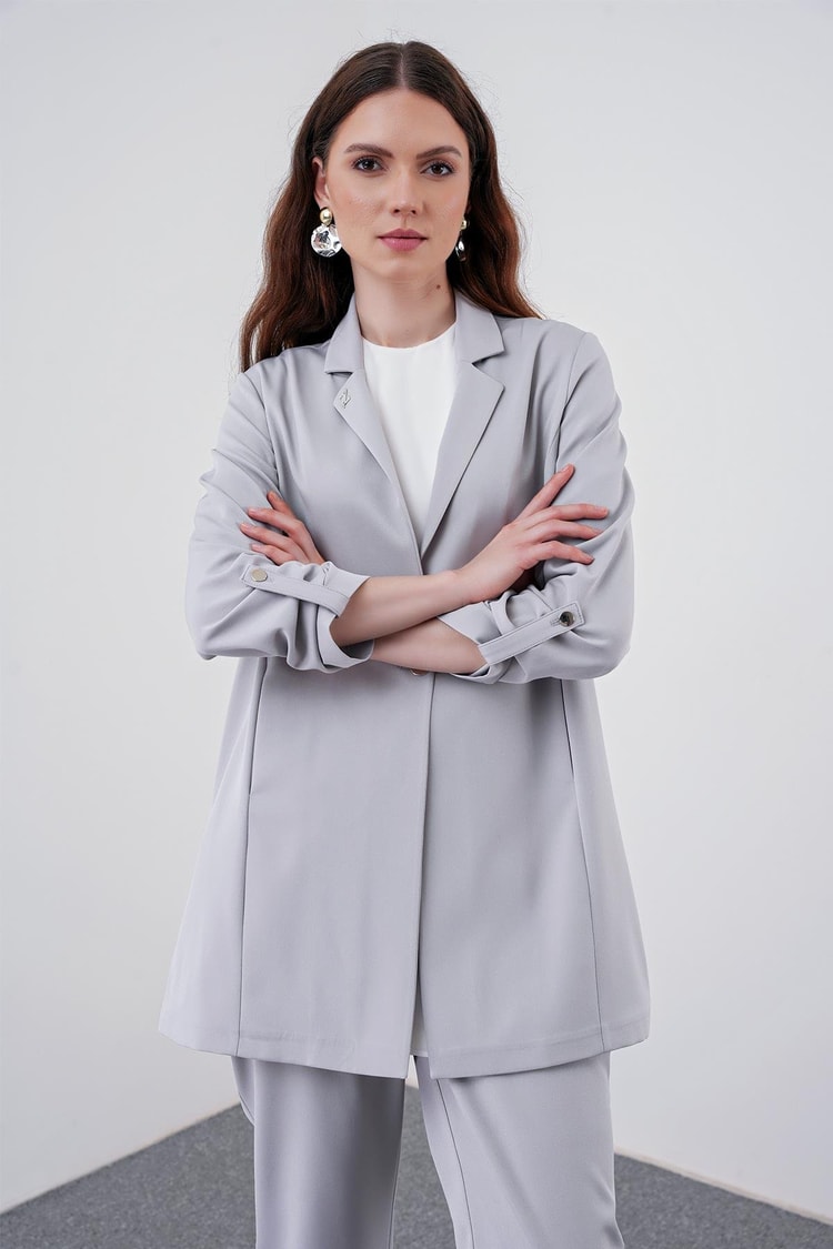 Kol Detaylı Ceket Pantolon Gri Takım TK-1144