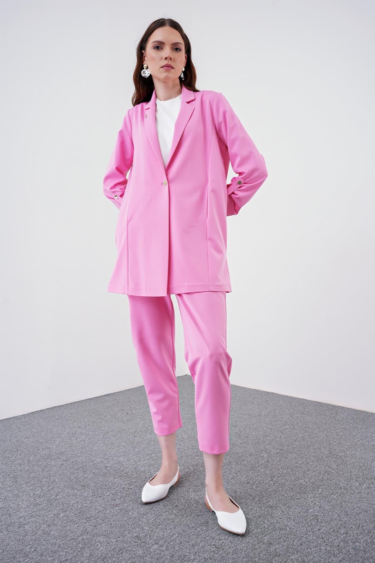 Kol Detaylı Ceket Pantolon Pembe Takım TK-1144