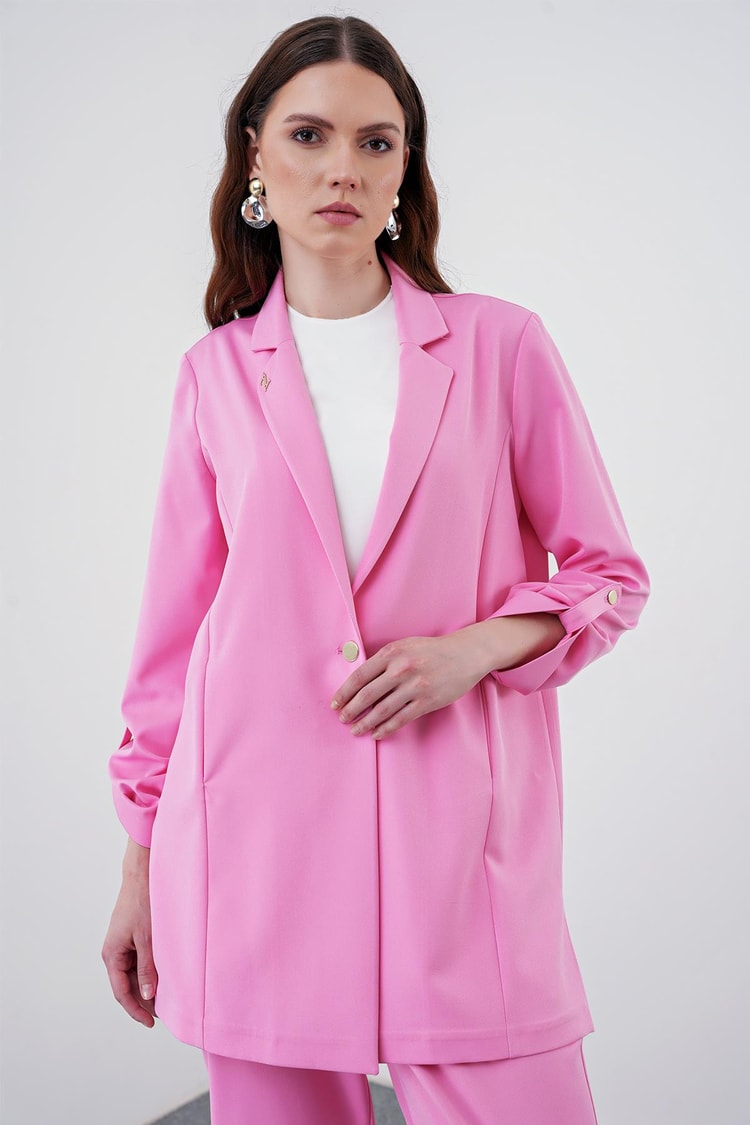 Kol Detaylı Ceket Pantolon Pembe Takım TK-1144