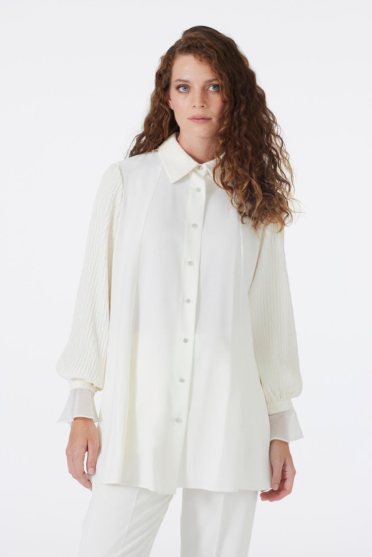 Buttoned Ecru Tunic with Sleeve Detail T-1588