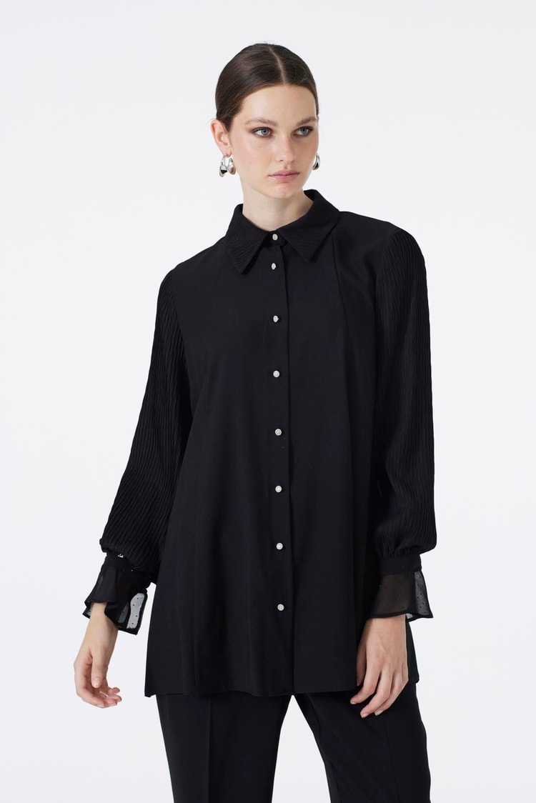 Buttoned Black Tunic with Sleeve Detail T-1588