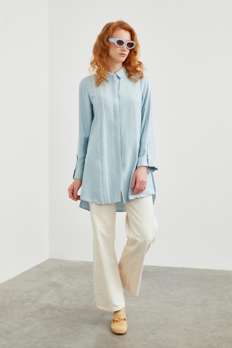 Kol Detaylı Gizli Düğmeli Aqua Tunik T-1461
