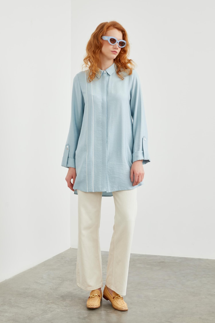 Kol Detaylı Gizli Düğmeli Aqua Tunik T-1461