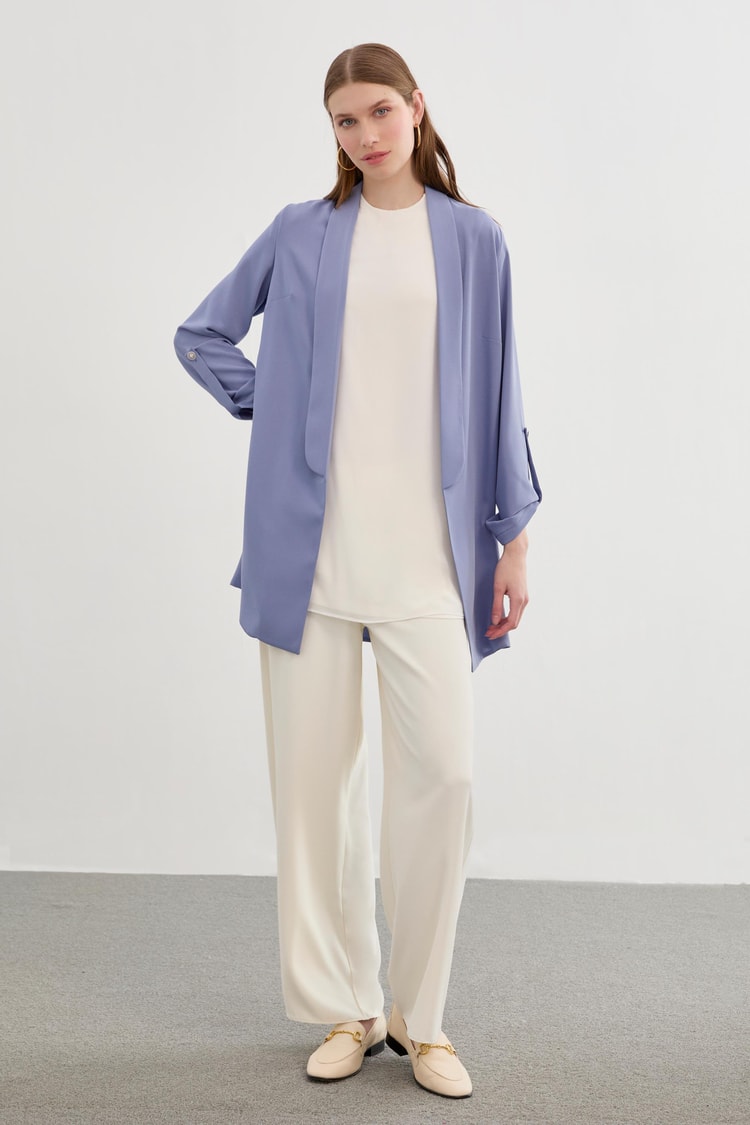 Kol Detaylı Mavi Uzun Blazer Ceket C-0059