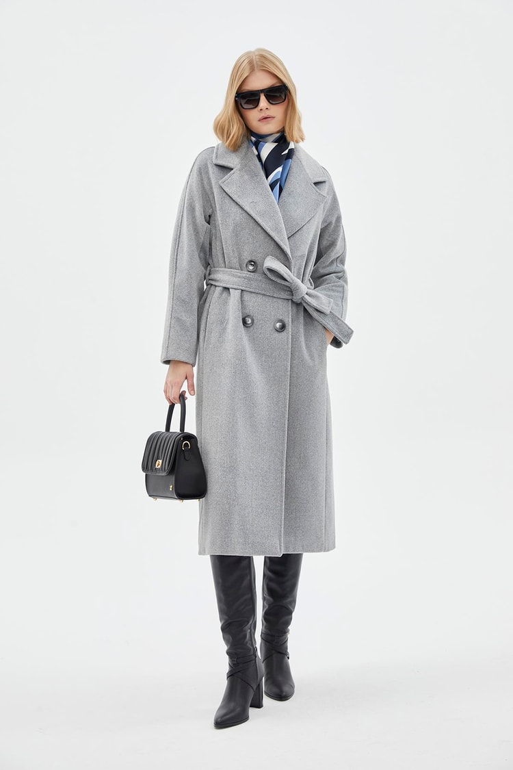 Wrap Collar Woollen Grey Coat 12822