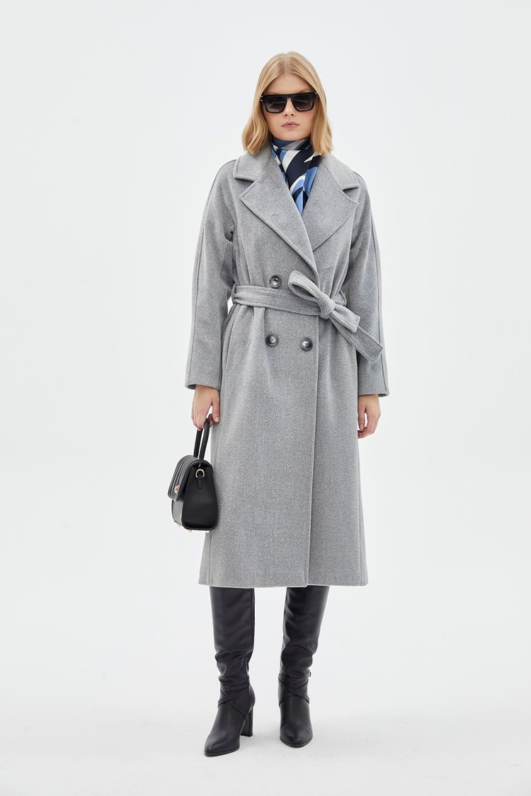 Wrap Collar Woollen Grey Coat 12822