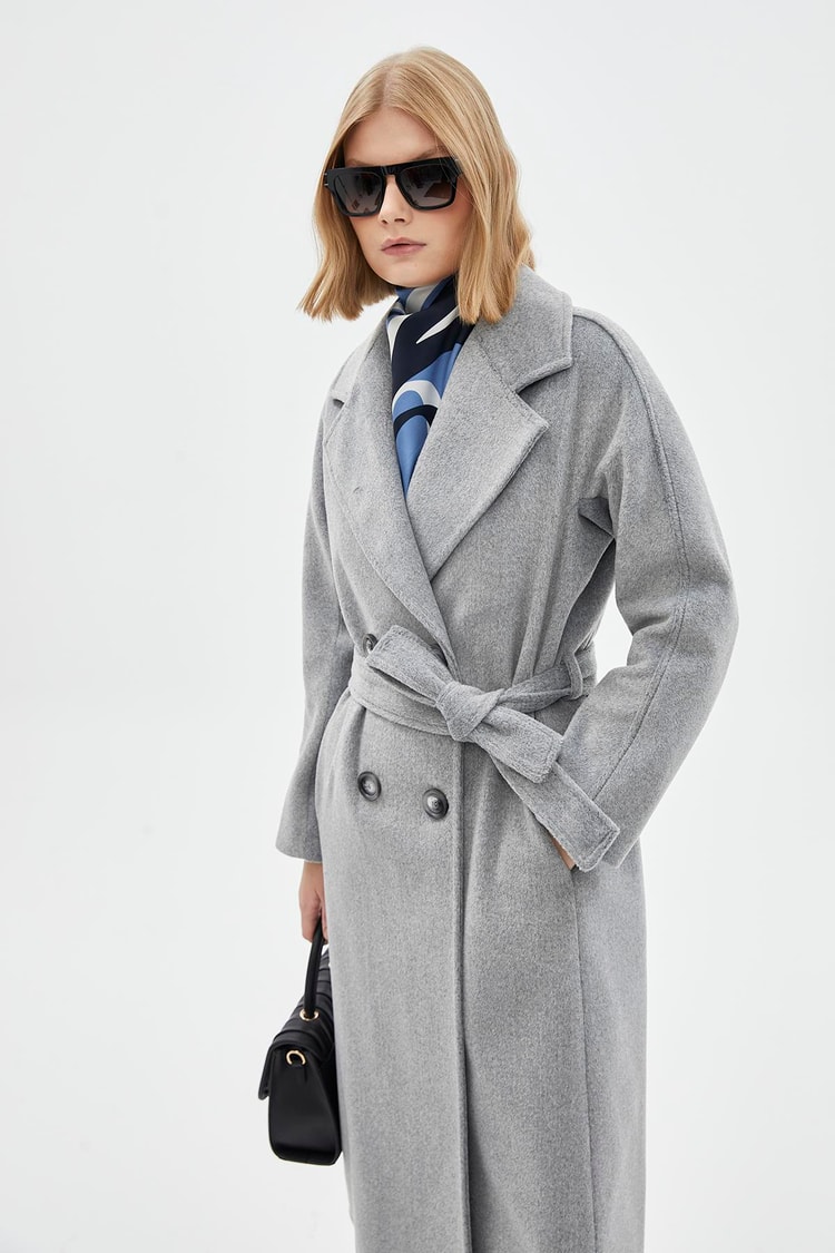 Wrap Collar Woollen Grey Coat 12822