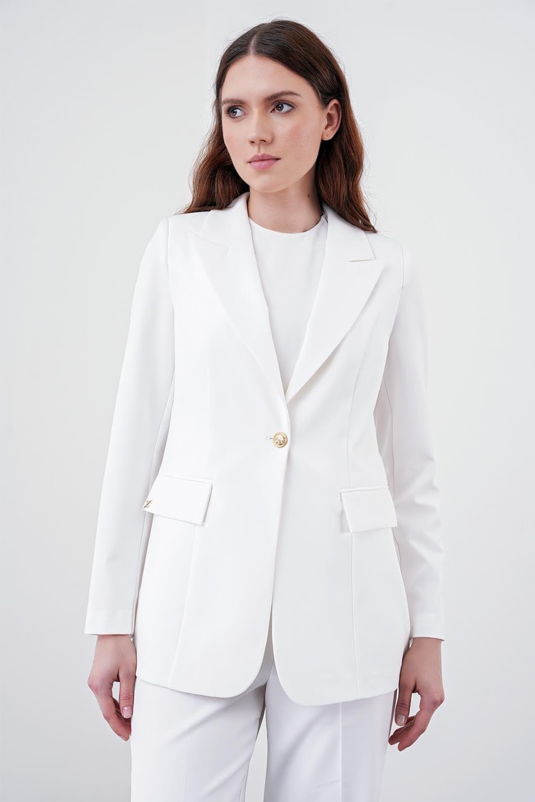 Kruvaze Yaka Tek Düğmeli Ekru Blazer Ceket C-0070